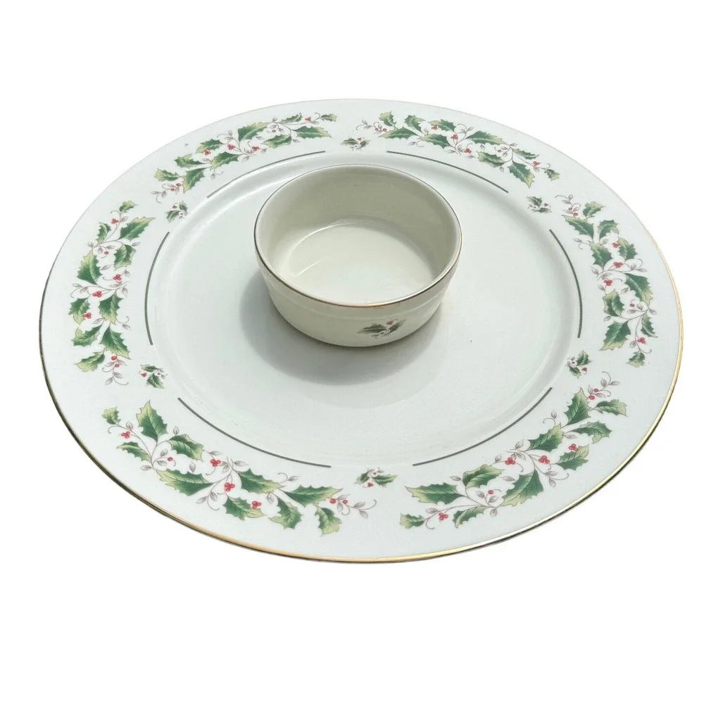 Fine China Japan Christmas Holly Berry Chip and Dip Serving Set Gold Trim 1pc